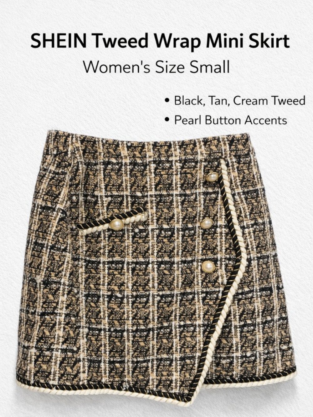 SHEIN Tweed Wrap Mini Skirt Women’s Small Black Tan Pearl Button Accent